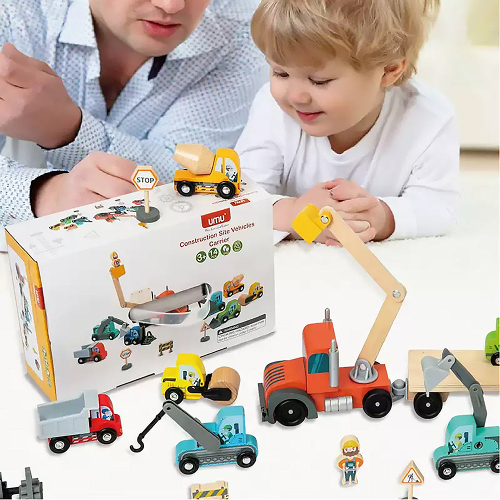 Wood Construction Vehicle Set (14 pieces)
